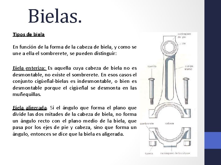 Bielas. Tipos de biela En función de la forma de la cabeza de biela,