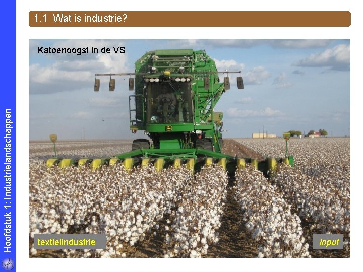1. 1 Wat is industrie? Hoofdstuk 1: Industrielandschappen Katoenoogst in de VS textielindustrie input