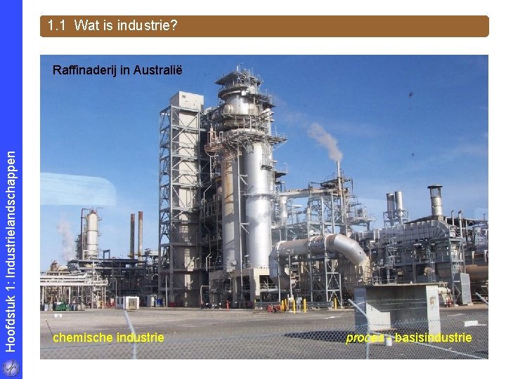 1. 1 Wat is industrie? Hoofdstuk 1: Industrielandschappen Raffinaderij in Australië chemische industrie proces
