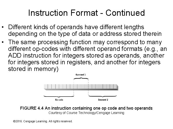 Instruction Format - Continued • Different kinds of operands have different lengths depending on