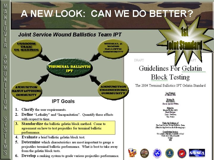 A NEW LOOK: CAN WE DO BETTER? Joint Service Wound Ballistics Team IPT 