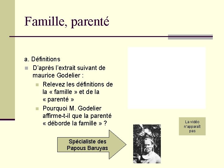 Famille, parenté a. Définitions n D’après l’extrait suivant de maurice Godelier : n Relevez