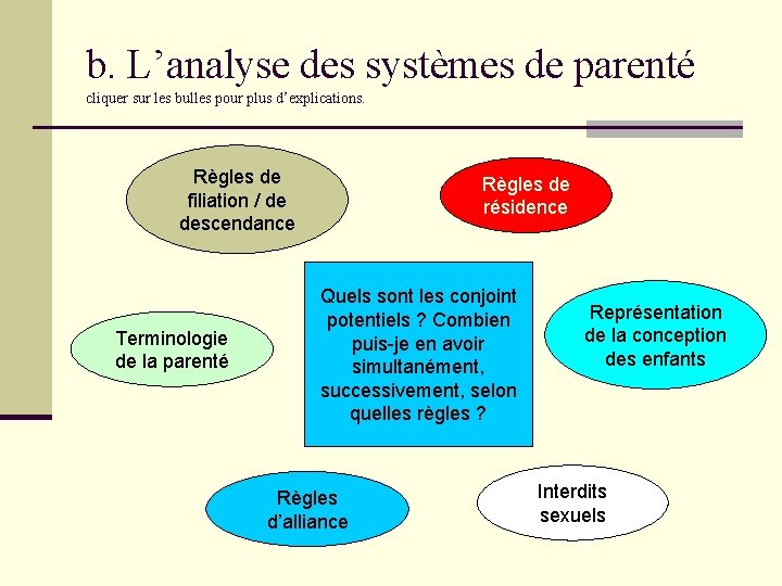 b. L’analyse des systèmes de parenté cliquer sur les bulles pour plus d’explications. Règles