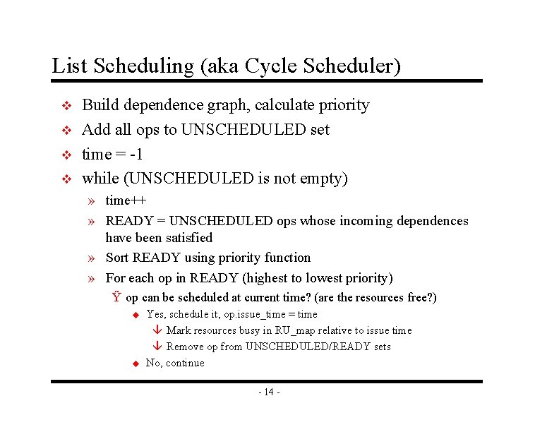 List Scheduling (aka Cycle Scheduler) v v Build dependence graph, calculate priority Add all List Scheduling (aka Cycle Scheduler) v v Build dependence graph, calculate priority Add all