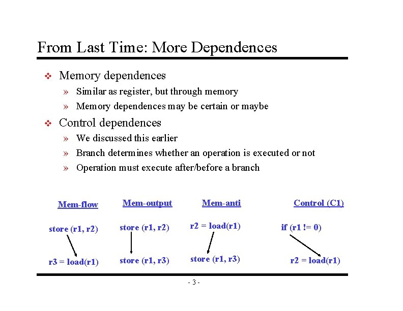 From Last Time: More Dependences v Memory dependences » Similar as register, but through From Last Time: More Dependences v Memory dependences » Similar as register, but through