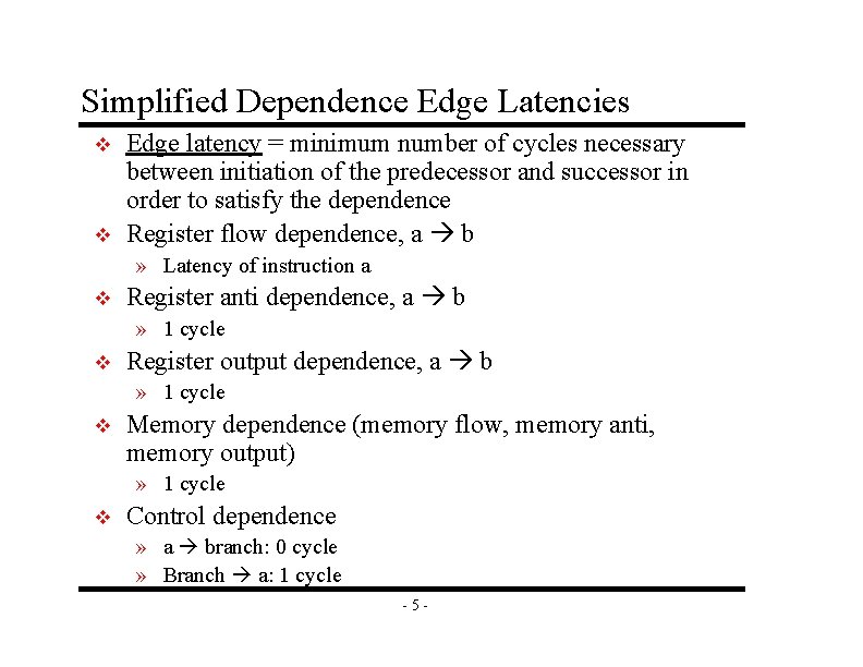 Simplified Dependence Edge Latencies v v Edge latency = minimum number of cycles necessary Simplified Dependence Edge Latencies v v Edge latency = minimum number of cycles necessary