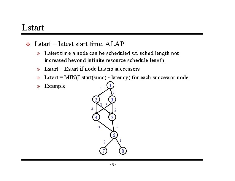 Lstart v Lstart = latest start time, ALAP » Latest time a node can Lstart v Lstart = latest start time, ALAP » Latest time a node can