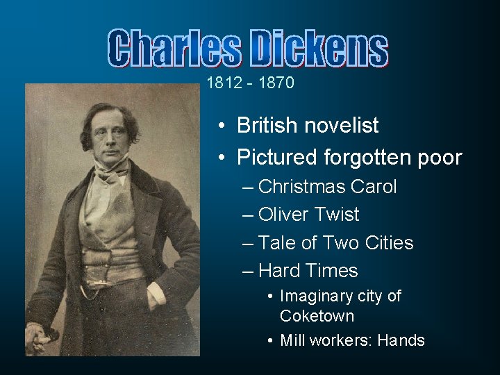 1812 - 1870 • British novelist • Pictured forgotten poor – Christmas Carol –