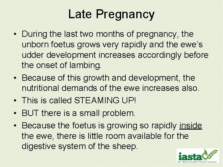 Late Pregnancy • During the last two months of pregnancy, the unborn foetus grows