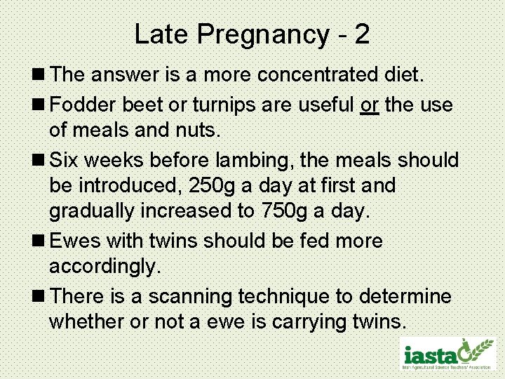 Late Pregnancy - 2 n The answer is a more concentrated diet. n Fodder