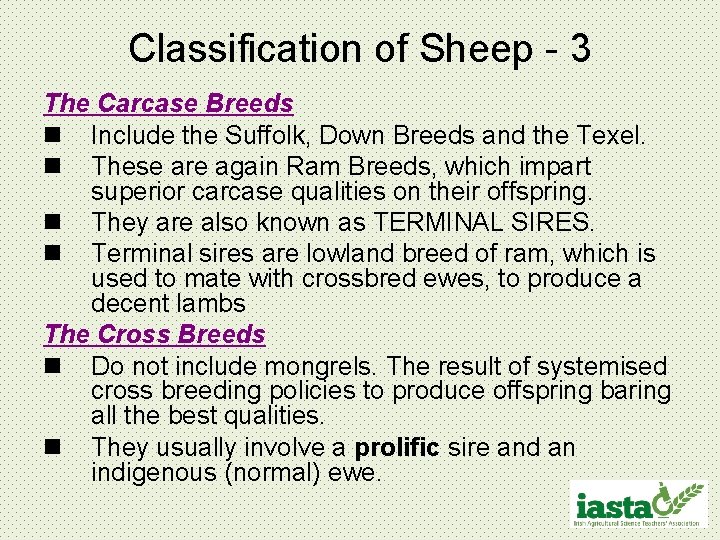 Classification of Sheep - 3 The Carcase Breeds n Include the Suffolk, Down Breeds