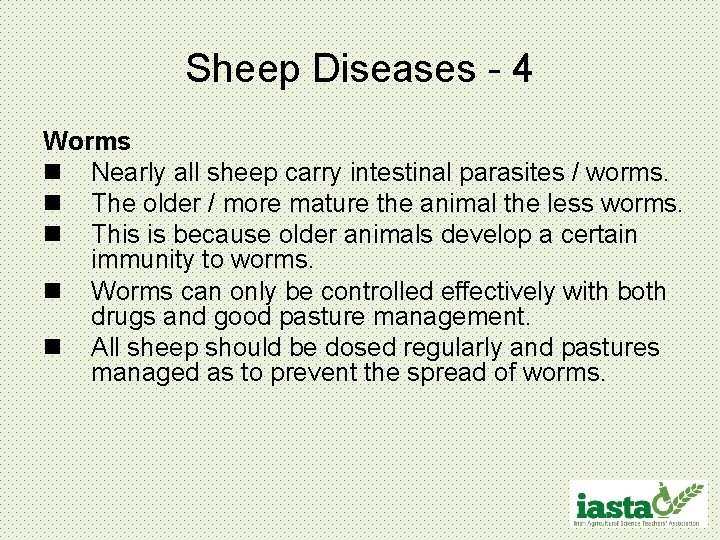 Sheep Diseases - 4 Worms n Nearly all sheep carry intestinal parasites / worms.