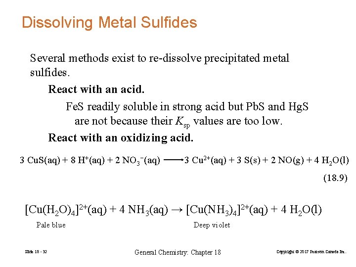Dissolving Metal Sulfides Several methods exist to re-dissolve precipitated metal sulfides. React with an