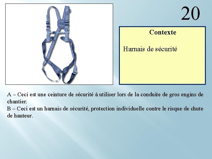 20 Contexte Harnais de sécurité A – Ceci est une ceinture de sécurité à