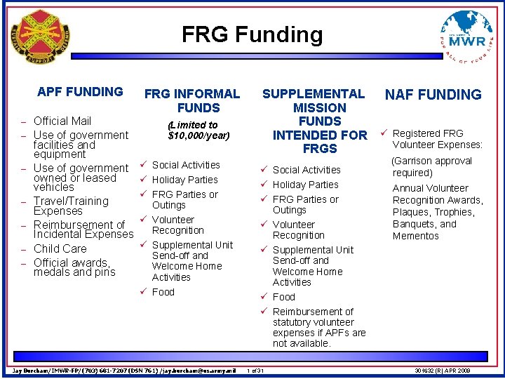 FRG Funding APF FUNDING – – – – Official Mail Use of government facilities