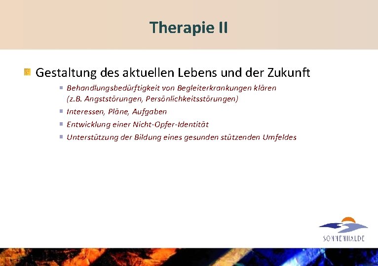Therapie II Gestaltung des aktuellen Lebens und der Zukunft Behandlungsbedürftigkeit von Begleiterkrankungen klären (z.
