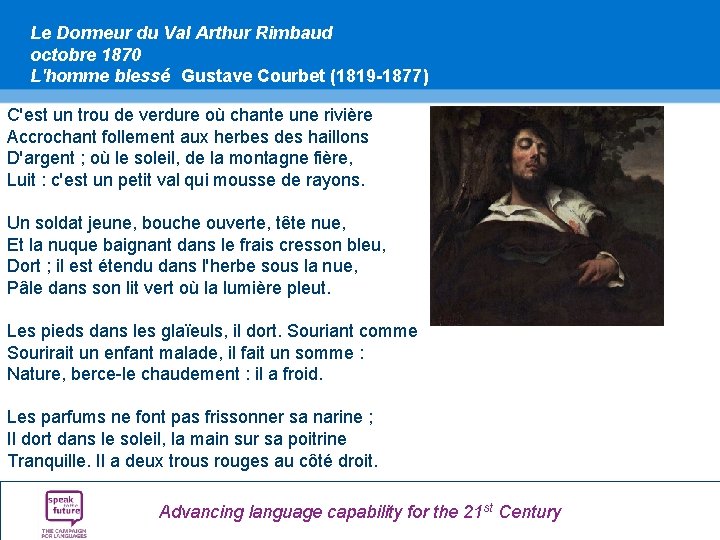 Le Dormeur du Val Arthur Rimbaud octobre 1870 L'homme blessé Gustave Courbet (1819 -1877) Le Dormeur du Val Arthur Rimbaud octobre 1870 L'homme blessé Gustave Courbet (1819 -1877)