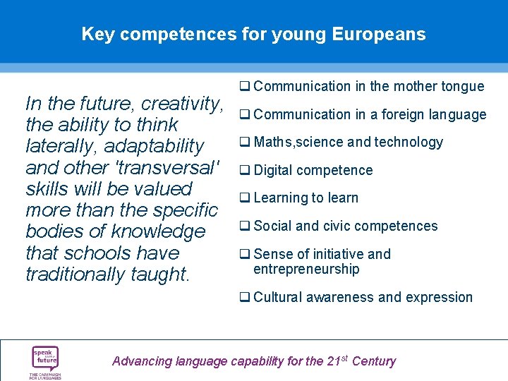 Key competences for young Europeans In the future, creativity, the ability to think laterally, Key competences for young Europeans In the future, creativity, the ability to think laterally,
