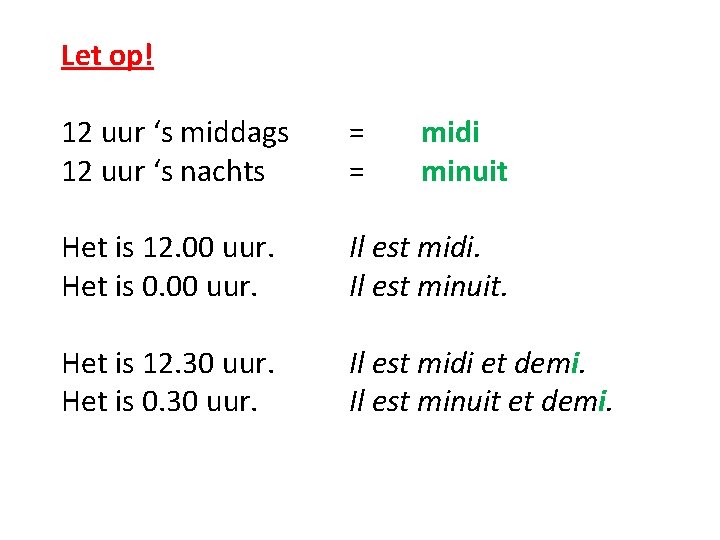 Let op! 12 uur ‘s middags 12 uur ‘s nachts = = midi minuit