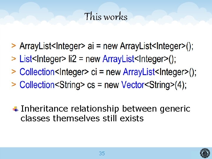 This works Inheritance relationship between generic classes themselves still exists 35 