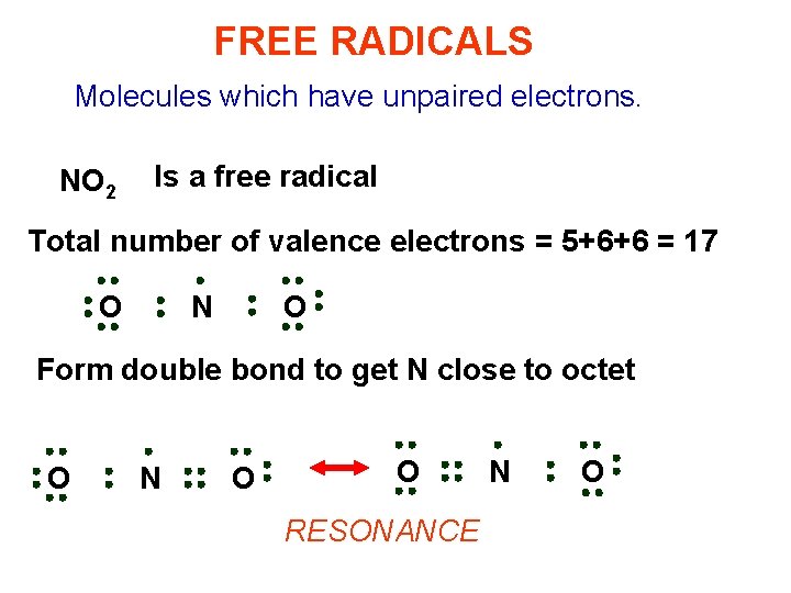 FREE RADICALS Molecules which have unpaired electrons. NO 2 Is a free radical Total