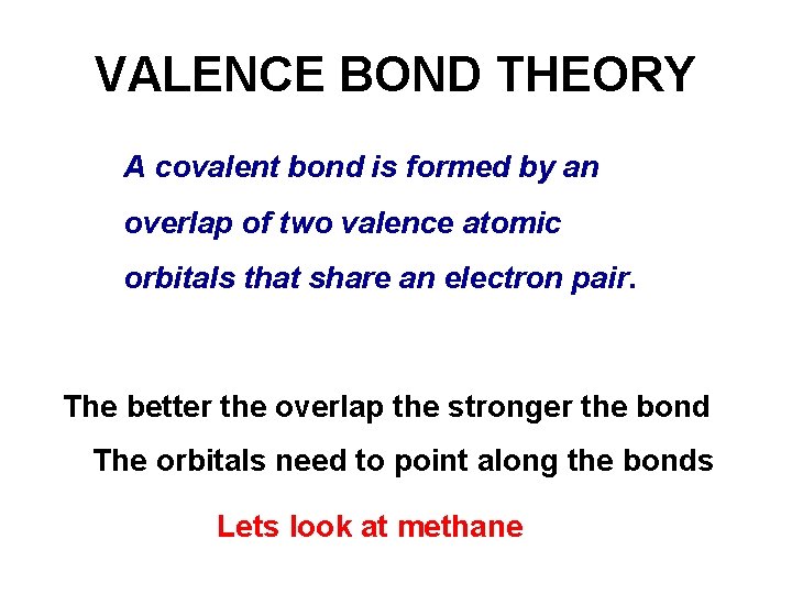 VALENCE BOND THEORY A covalent bond is formed by an overlap of two valence