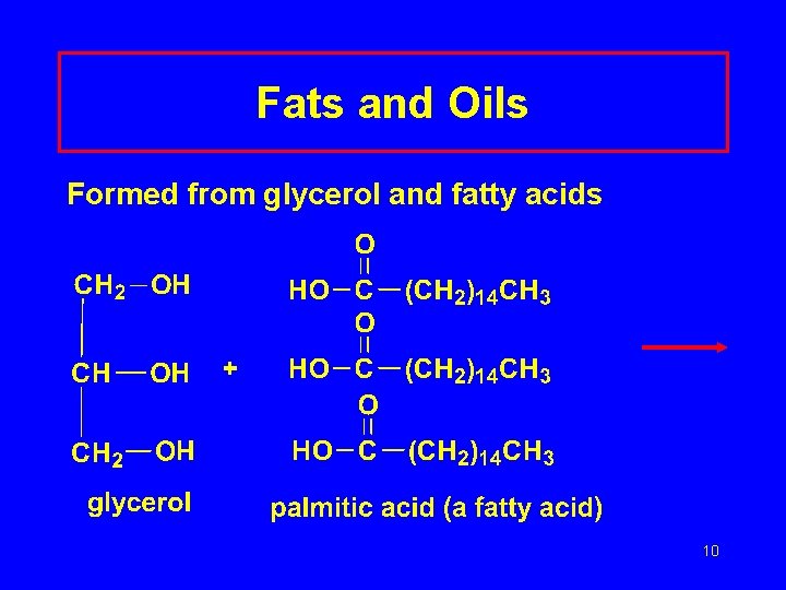 Fats and Oils Formed from glycerol and fatty acids 10 