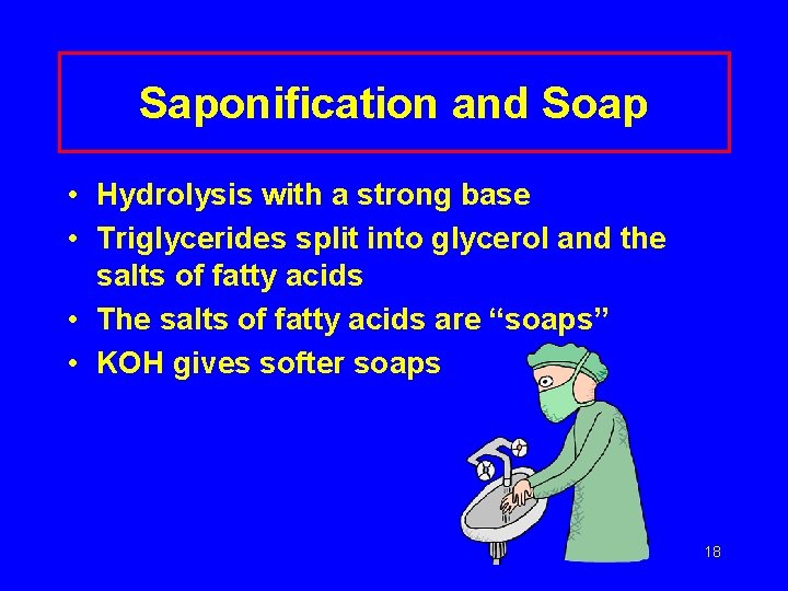 Saponification and Soap • Hydrolysis with a strong base • Triglycerides split into glycerol