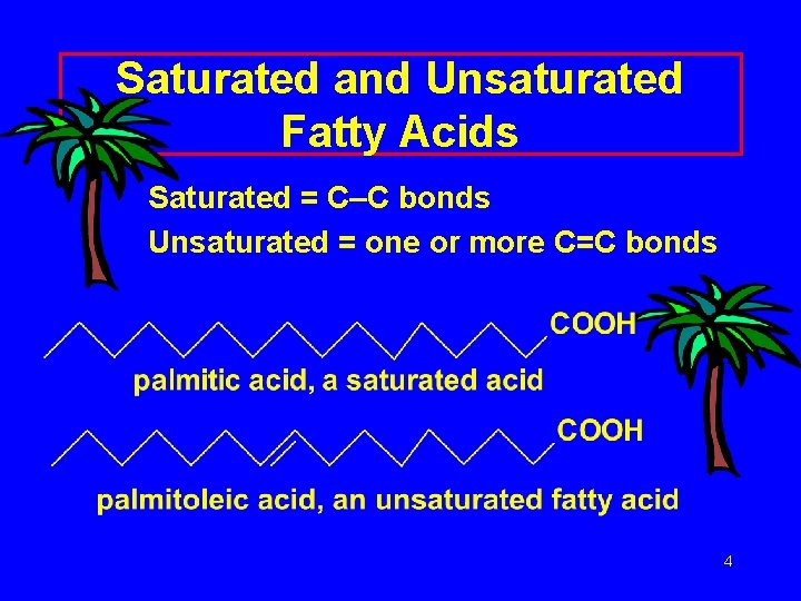 Saturated and Unsaturated Fatty Acids Saturated = C–C bonds Unsaturated = one or more