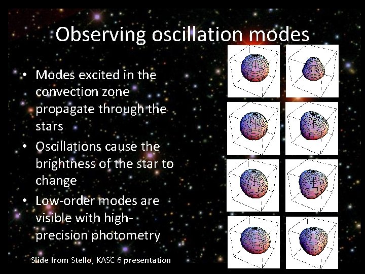 Observing oscillation modes • Modes excited in the convection zone propagate through the stars