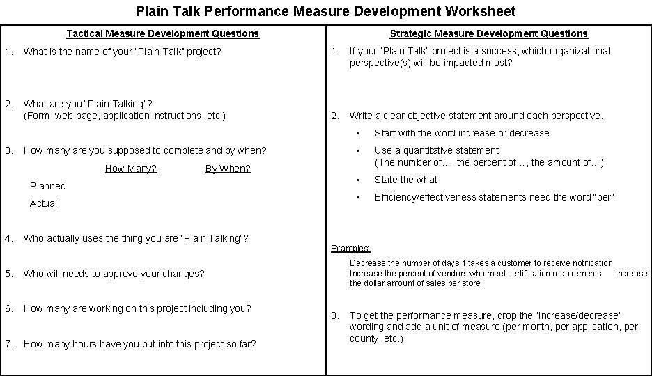 Plain Talk Performance Measure Development Worksheet Strategic Measure Development Questions Tactical Measure Development Questions