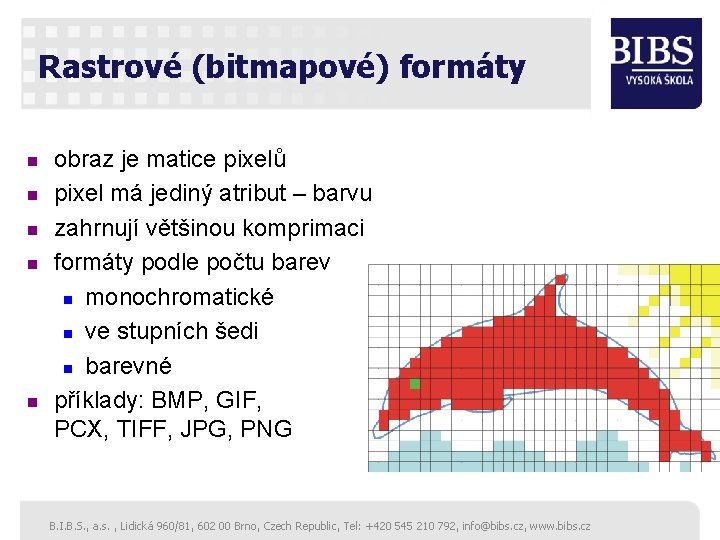 Rastrové (bitmapové) formáty n n n obraz je matice pixelů pixel má jediný atribut