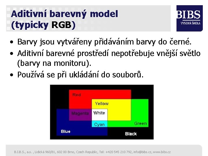 Aditivní barevný model (typicky RGB) • Barvy jsou vytvářeny přidáváním barvy do černé. •