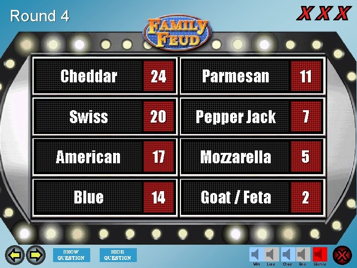 Round 4 Cheddar 24 Parmesan 11 Swiss 20 Pepper Jack 7 American 17 Mozzarella