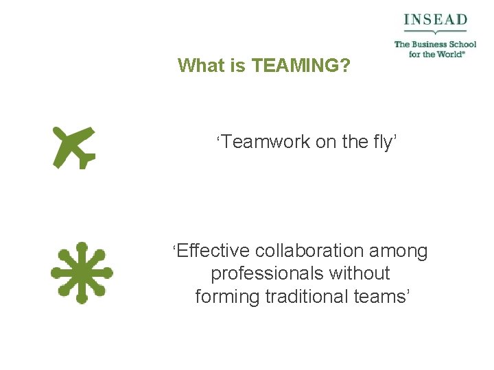 What is TEAMING? ‘Teamwork on the fly’ ‘Effective collaboration among professionals without forming traditional