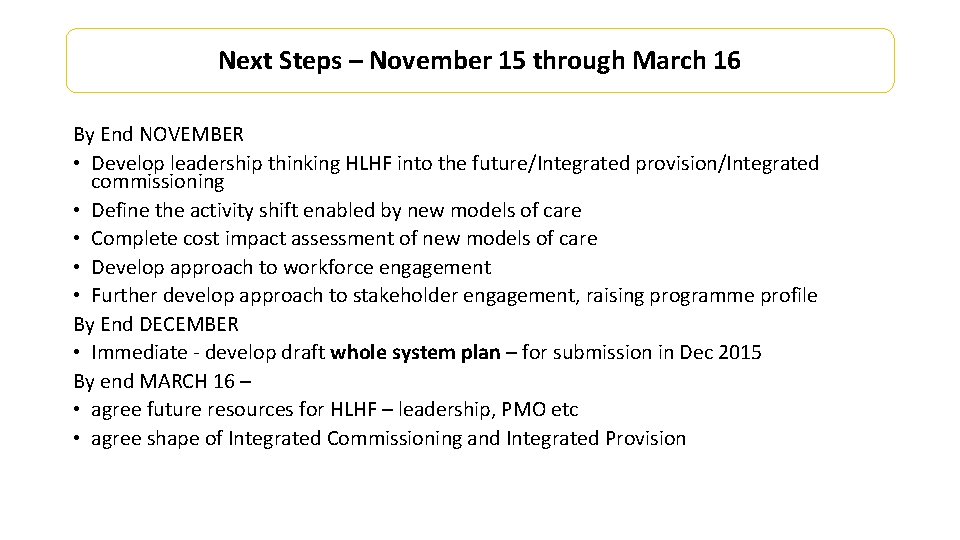 Next Steps – November 15 through March 16 By End NOVEMBER • Develop leadership