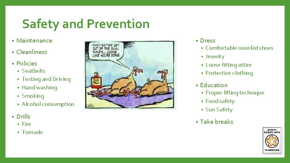 Safety and Prevention • Maintenance • Cleanliness • Policies • • • Seatbelts Texting