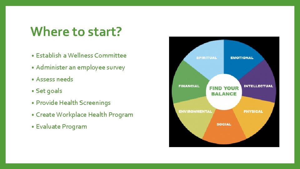 Where to start? • Establish a Wellness Committee • Administer an employee survey •