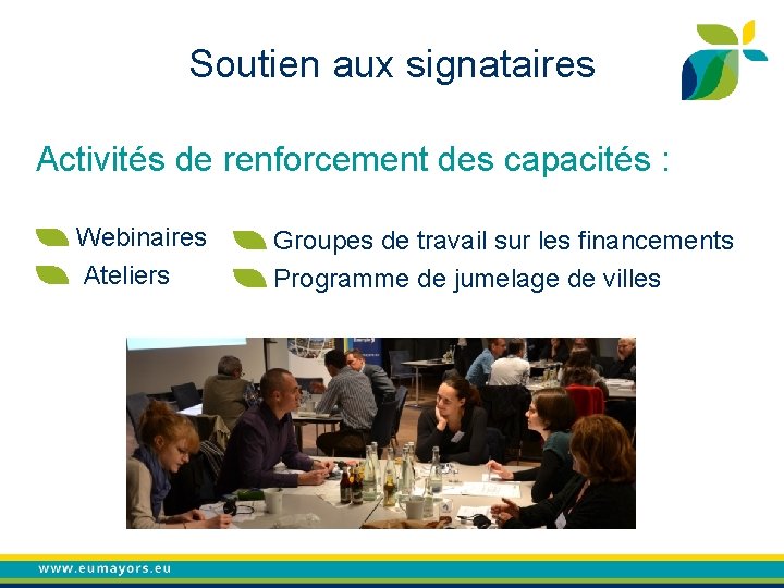 Soutien aux signataires Activités de renforcement des capacités : Webinaires Ateliers Groupes de travail