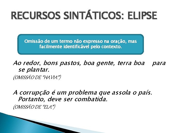 RECURSOS SINTÁTICOS: ELIPSE Omissão de um termo não expresso na oração, mas facilmente identificável