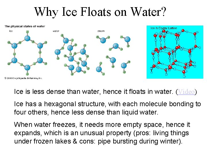 Why Ice Floats on Water? Ice is less dense than water, hence it floats
