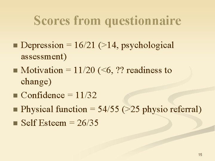 Scores from questionnaire Depression = 16/21 (>14, psychological assessment) n Motivation = 11/20 (<6,