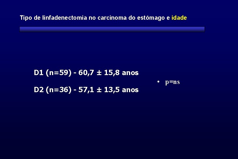 Tipo de linfadenectomia no carcinoma do estômago e idade D 1 (n=59) - 60, Tipo de linfadenectomia no carcinoma do estômago e idade D 1 (n=59) - 60,