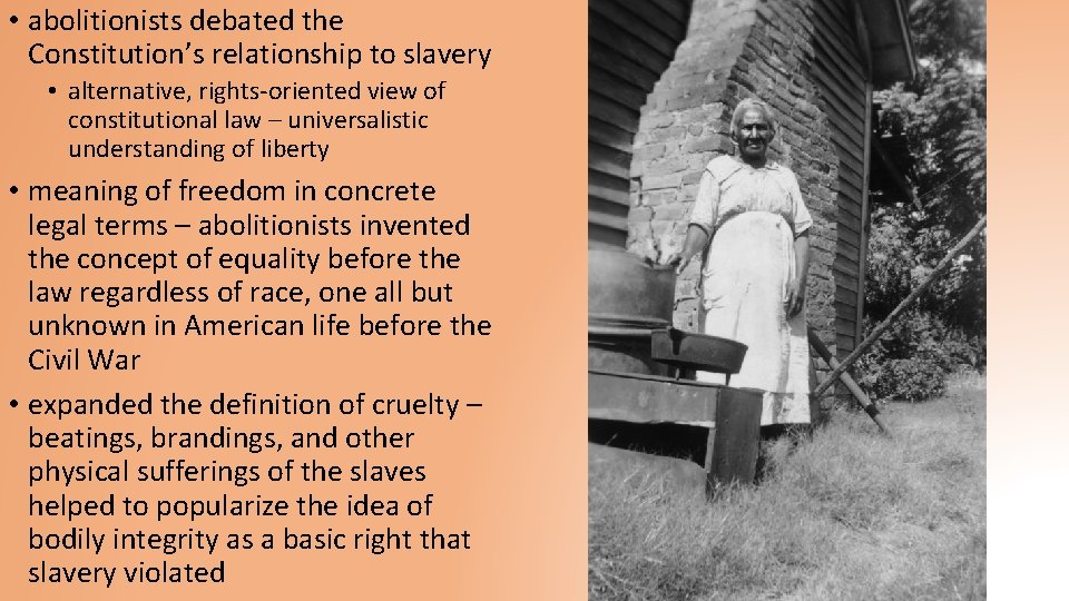  • abolitionists debated the Constitution’s relationship to slavery • alternative, rights-oriented view of