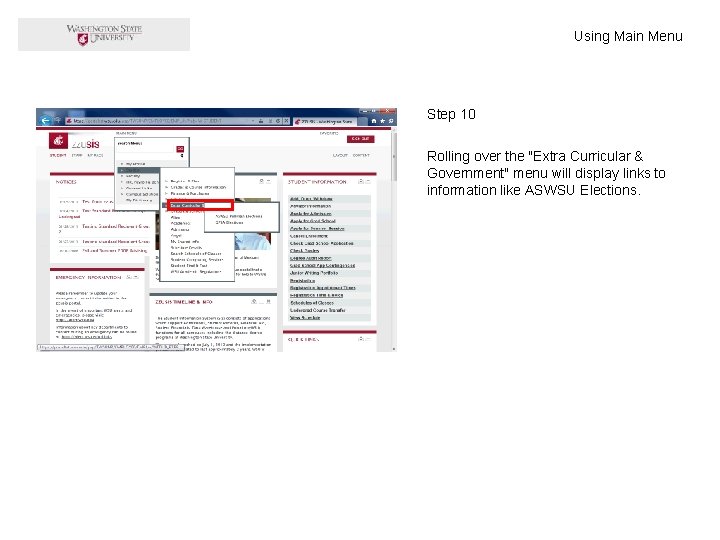 Using Main Menu Step 10 Rolling over the "Extra Curricular & Government" menu will