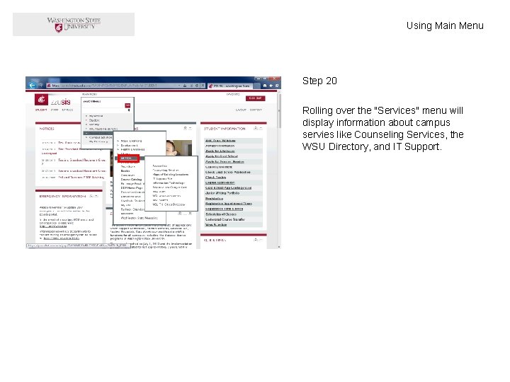 Using Main Menu Step 20 Rolling over the "Services" menu will display information about