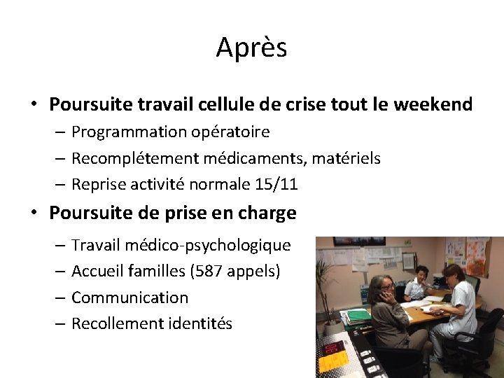 Après • Poursuite travail cellule de crise tout le weekend – Programmation opératoire –