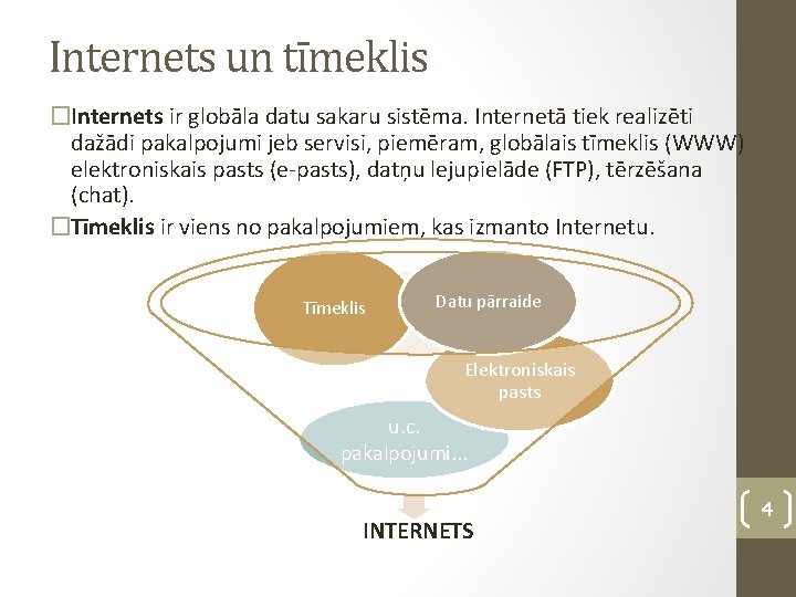 Internets un tīmeklis �Internets ir globāla datu sakaru sistēma. Internetā tiek realizēti dažādi pakalpojumi