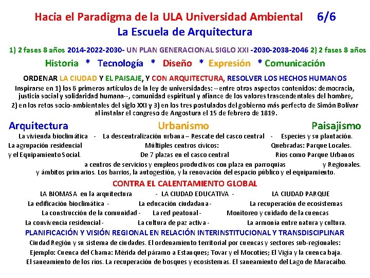 Hacia el Paradigma de la ULA Universidad Ambiental 6/6 La Escuela de Arquitectura 1)