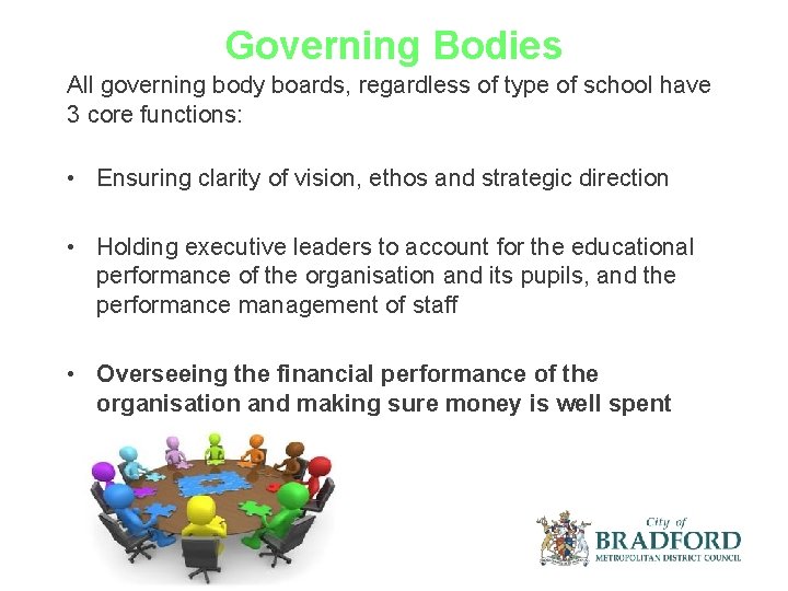 Governing Bodies All governing body boards, regardless of type of school have 3 core